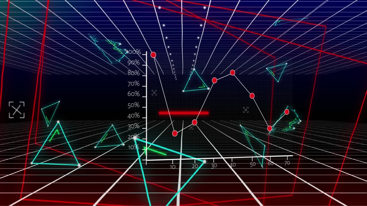 Animazione di elaborazione dati statistici e reti complesse su una griglia di rete su sfondo nero