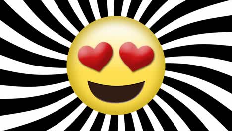 Animation-of-emoji-icon-with-red-heart-eyes-on-black-and-white-stripes-spinning