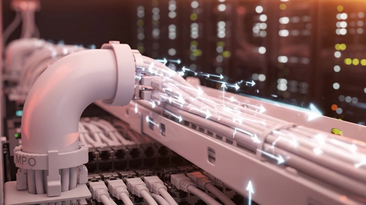 Avanceret netværksudstyr, der fremviser højkvalitets fiberoptisk kabling inde i et datacenter med effektiv kabelstyring og moderne teknologiintegration.