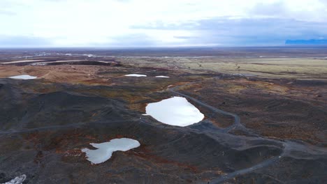 Barren-volcanic-landscape-with-glacial-lakes-and-basalt-hills,-Iceland