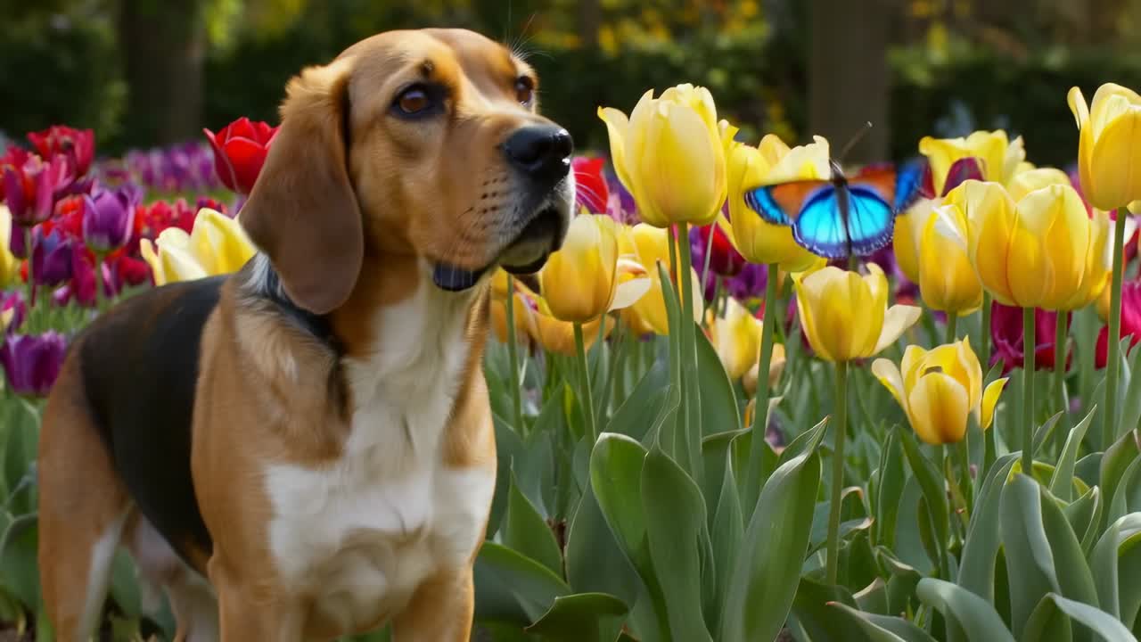 Segugio tricolore che annusa una farfalla blu brillante tra i tulipani, con collare