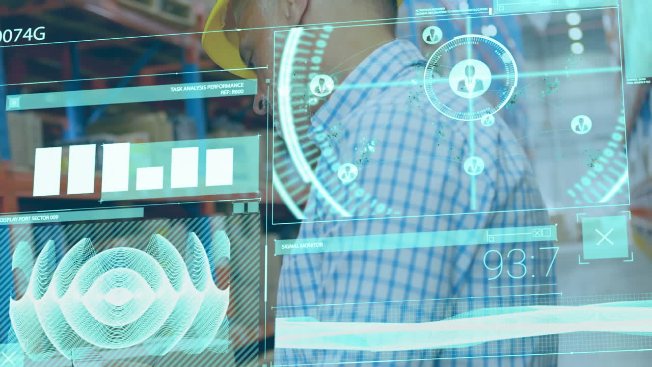 animación de la interfaz infográfica sobre trabajadores biraciales que comprueban las existencias en el almacén