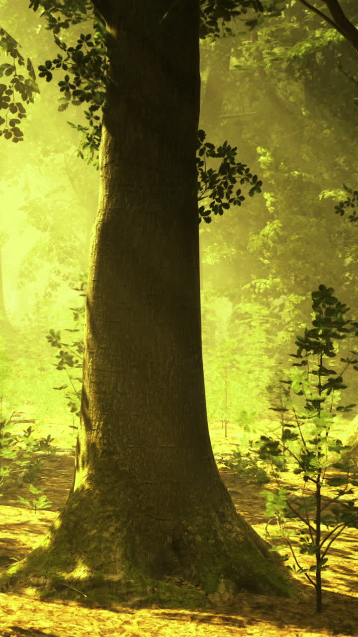Bright sunlight filters through trees in a lush vibrant forest