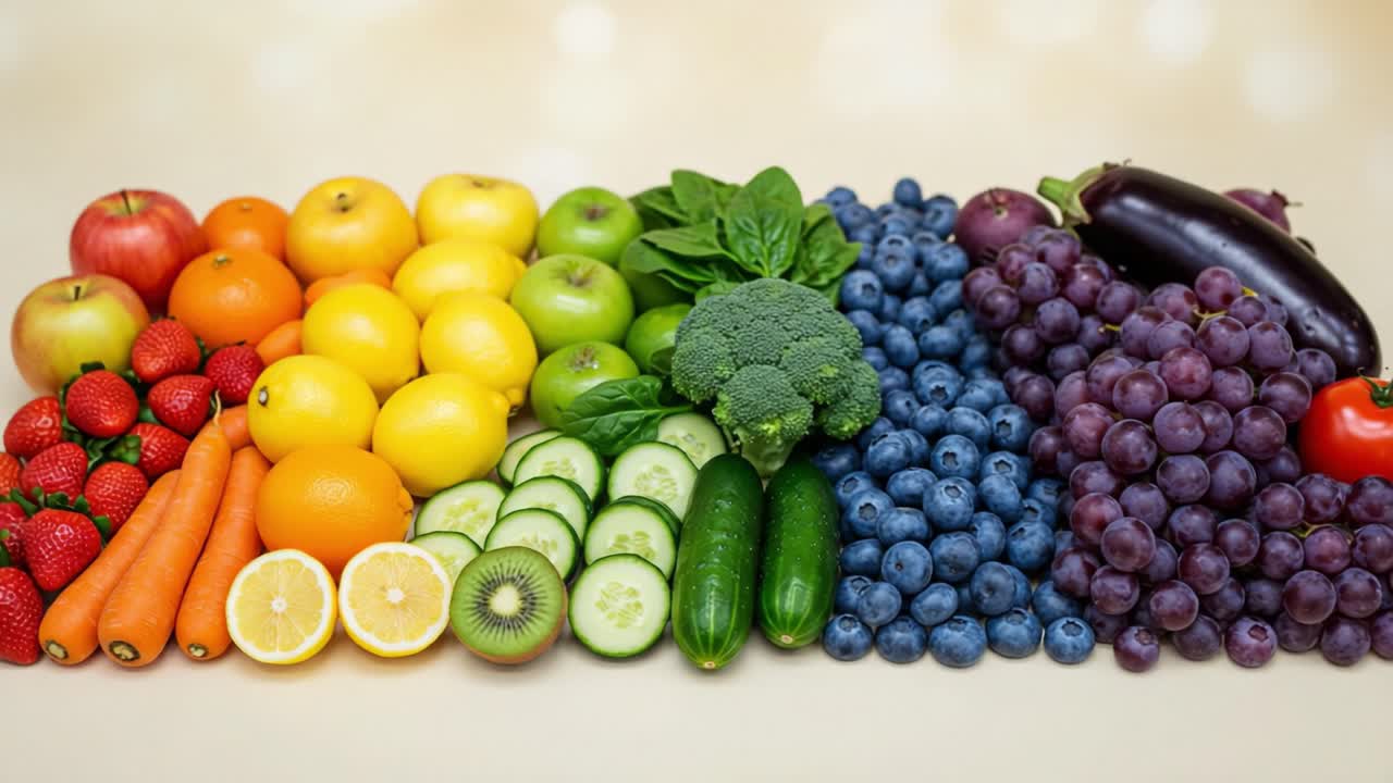 A Vibrant Display of Fresh Fruits and Vegetables in a Colorful Rainbow Arrangement, Showcasing a Variety of Nutrient-Rich Options for Healthy Eating