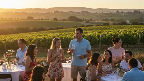 charming vineyard evening: a sunlit gathering of friends and fine wine amidst lush fields, celebrating with laughter and togetherness against a golden sunset backdrop