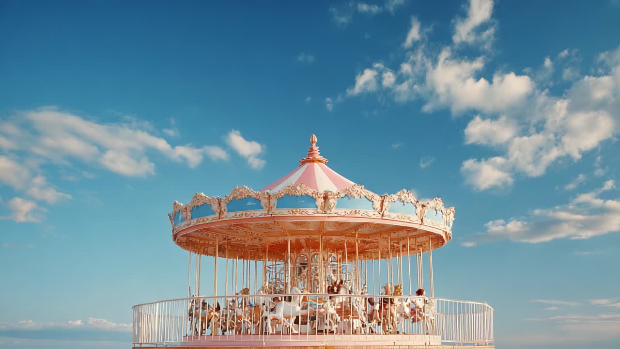 A Vibrant Carousel Under a Blue Sky, Capturing the Joy and Nostalgia of a Fun Fair Experience with Enthusiastic Rides and Delightful Atmosphere