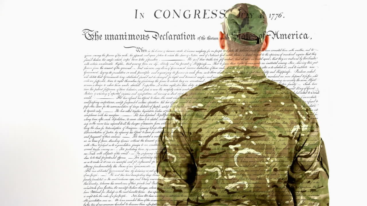 Animation of document with text over soldier saluting