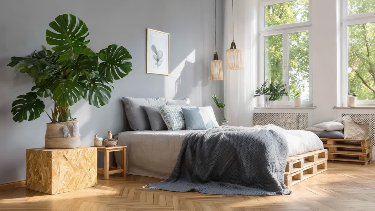 Transforming Spaces: A Cozy, Modern Bedroom Design Featuring Natural Light, Lush Greenery, and Relaxing Textiles for a Perfect Sanctuary at Home