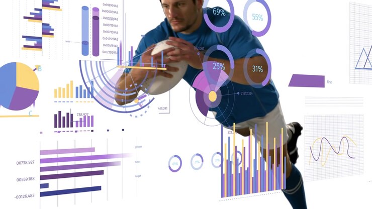 Athlete crouching, stepping and tucking oval ball, diving across sports data charts to reveal stats