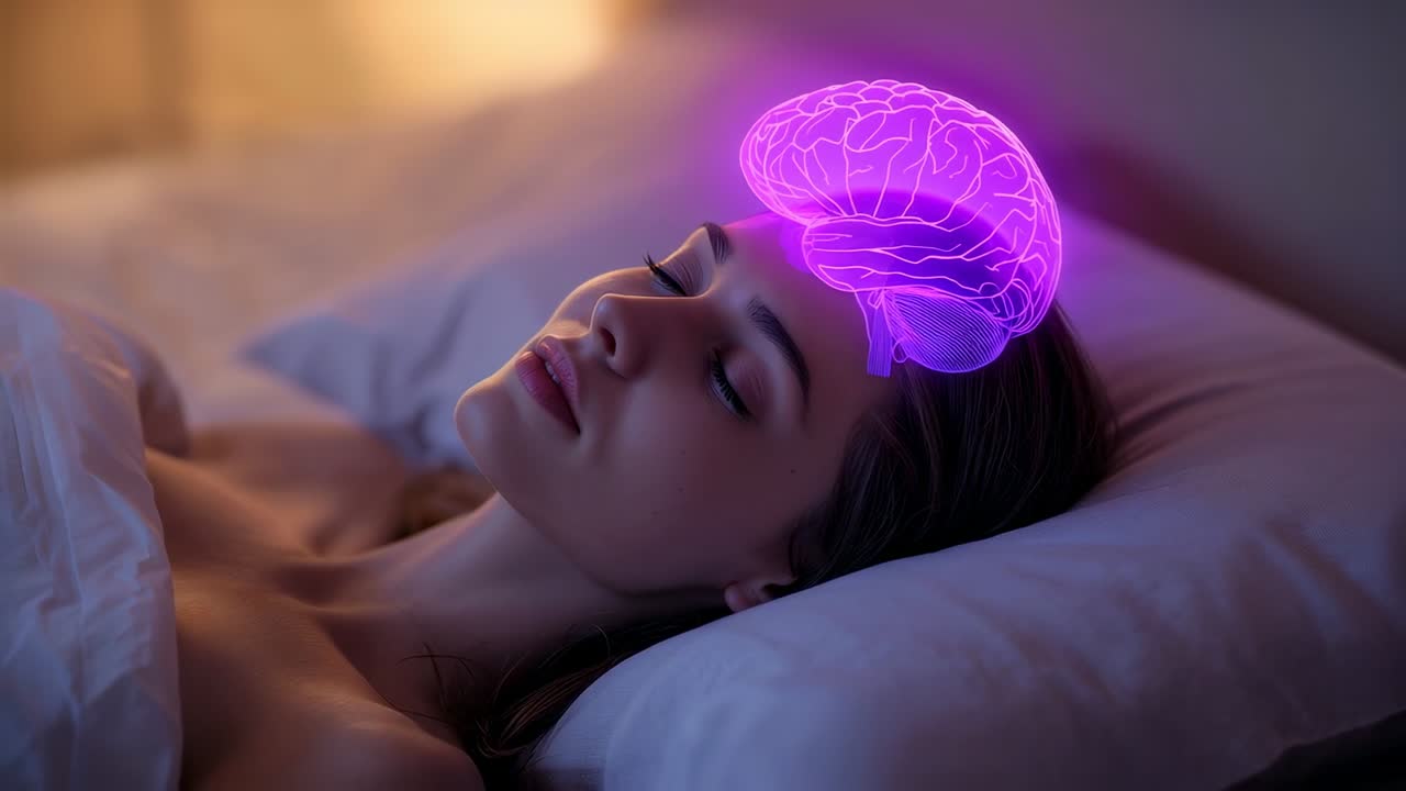Rendering 3D al neon di un cervello allineato con la testa di una donna che respira su un cuscino bianco in camera da letto per mappare il sonno