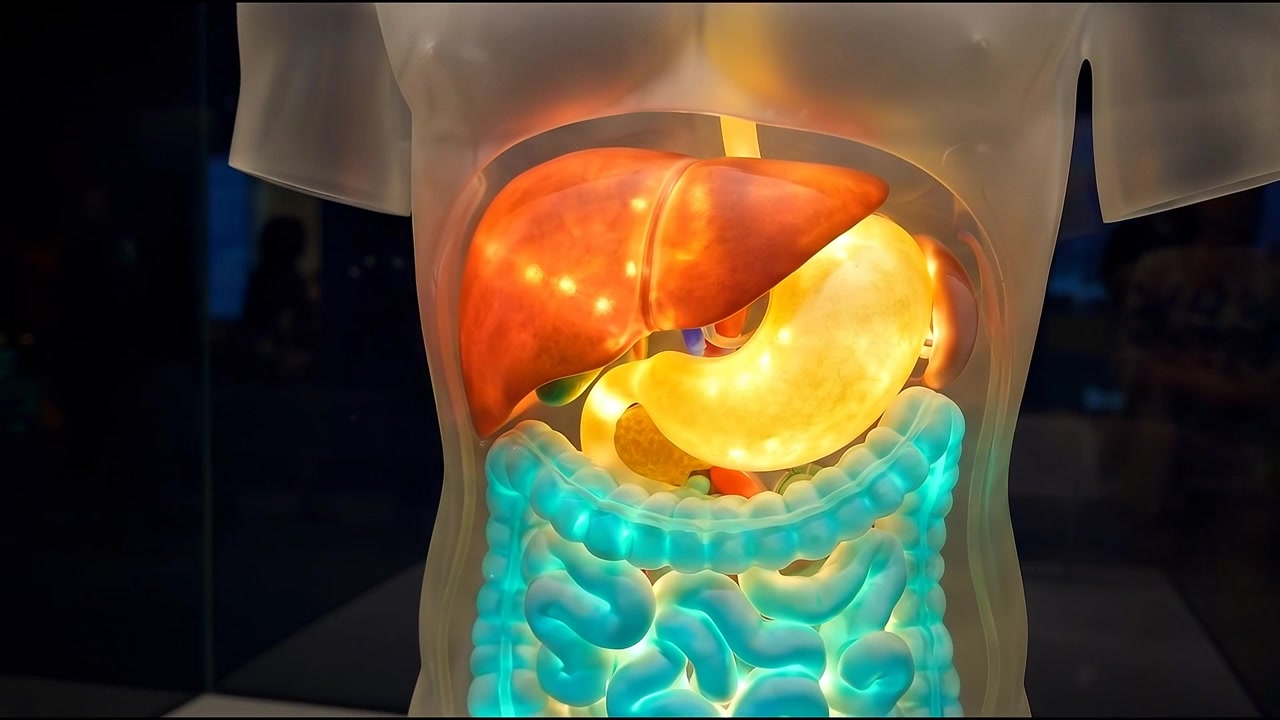 Anatomical Model of Human Digestive System with Glowing Organs