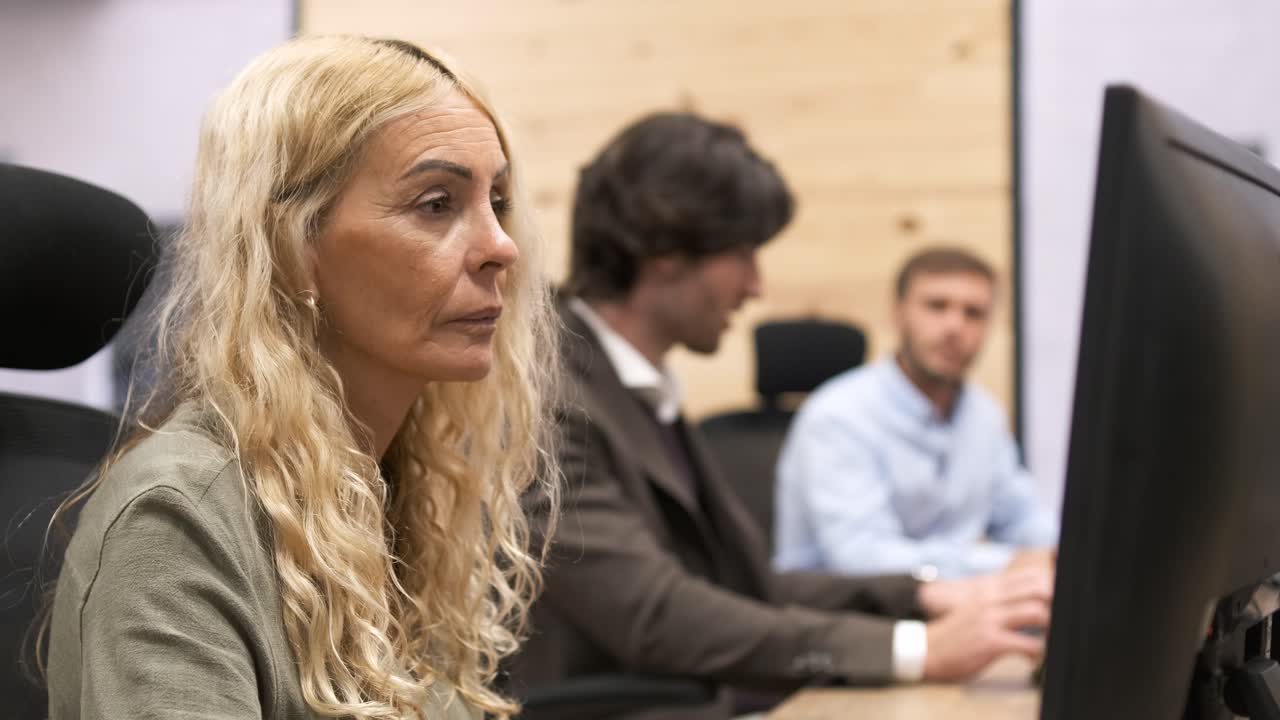 Businesswoman using computer with colleagues talking in background