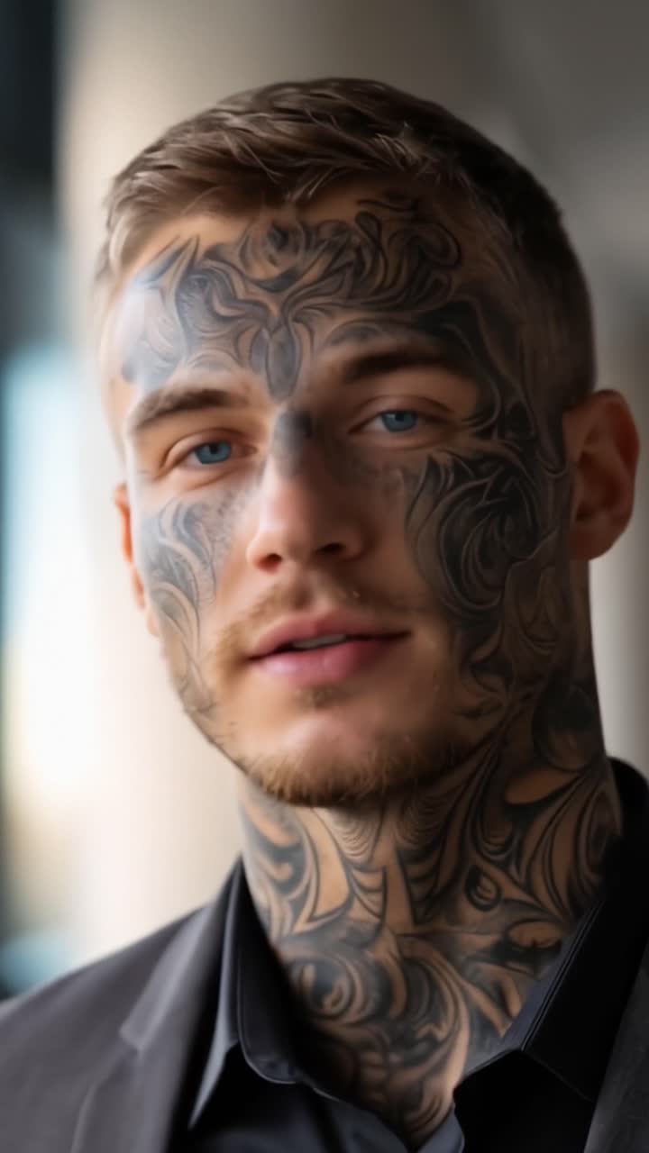 Ritratto di uomo con tatuaggi sul viso. L'abito scuro contrasta con l'intricata arte corporea. Gli occhi azzurri incontrano lo sguardo dello spettatore con calma intensità. Abito e tatuaggi creano un'estetica audace e moderna.