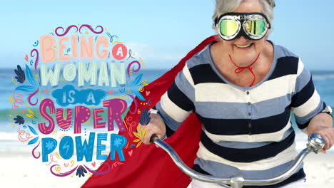 animation of girl power text over superhero grandmother