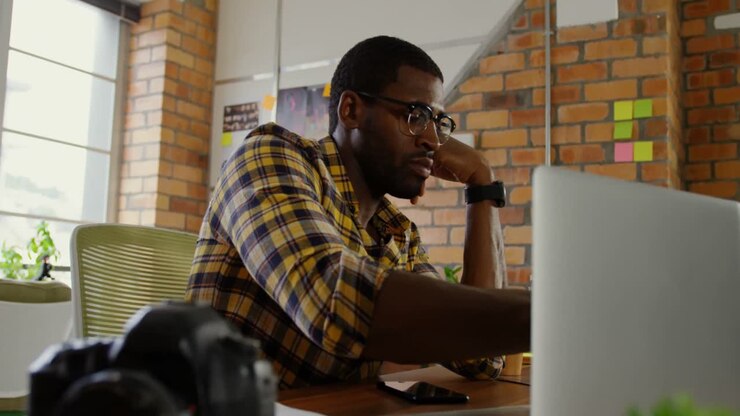 Male graphic designer working at desk in a modern office 4k