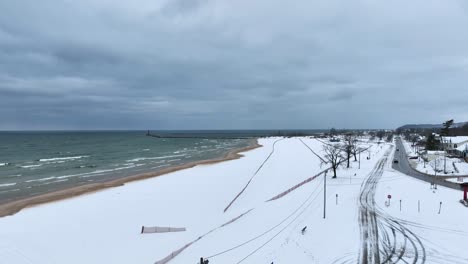 pere marquette beach in winter after an ice storm