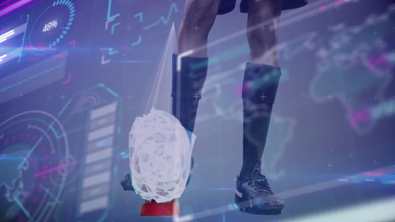 animación de la interfaz de procesamiento de datos sobre el jugador de rugby pateando la pelota