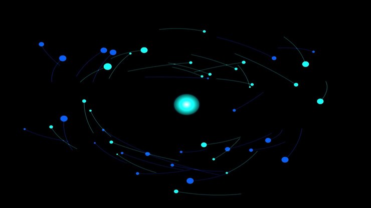 Animazione astratta di particelle luminose che orbitano attorno a una sorgente di luce centrale