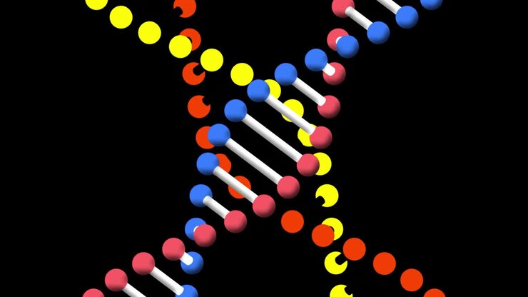 Animation of dna strands spinning on black background