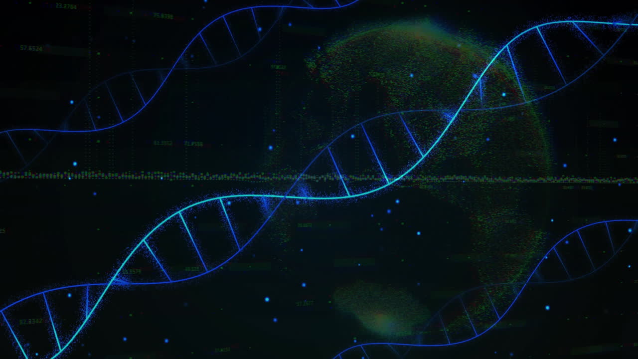 DNA strand and binary coding, scientific data processing animation