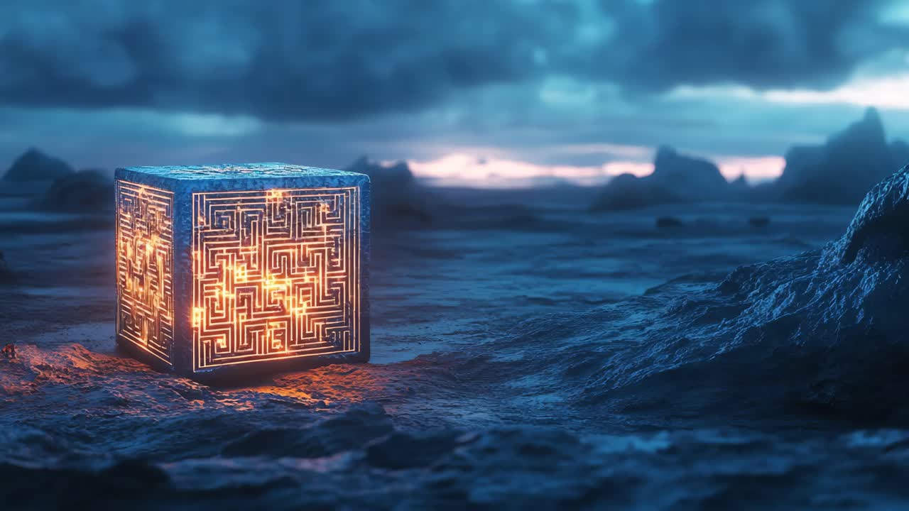 Glødende terning i et mystisk landskab