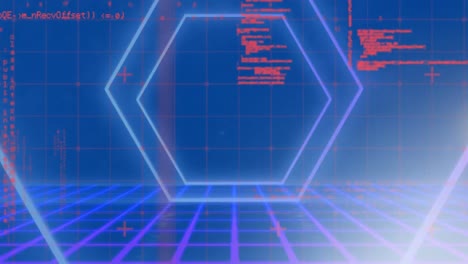 Animation-of-hexagons-and-grid-with-computer-language-on-blue-background
