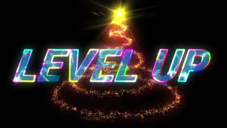 animation of level up text over gold and green trail of light