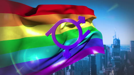 genderfluid symbol on rainbow flag and cityscape background