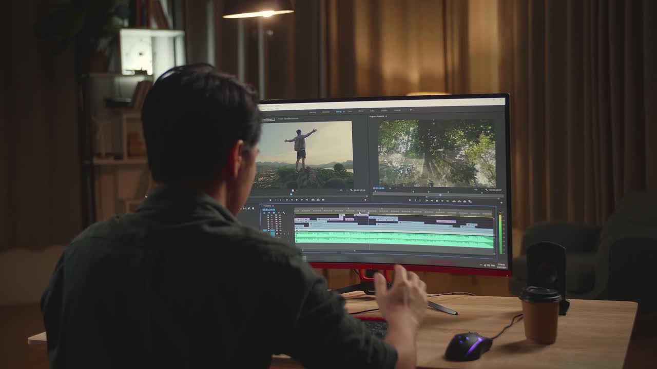 Tired Asian Male Video Editor Works With Footage And Sound On His Personal Computer, He Works Late At Night