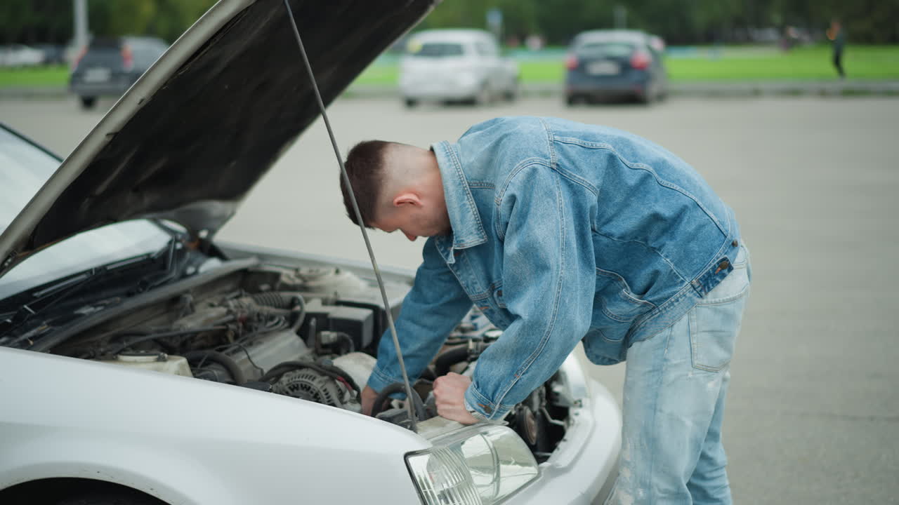 focused man bending over car engine outdoors, denim jacket and ripped jeans, leaning into hood to tighten bolts near headlight, hands probing components, concentrated posture, urban parking scene, DIY