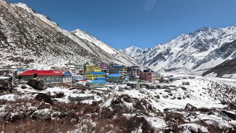 view over the colourful houses and icy valley of kyanjin gompa