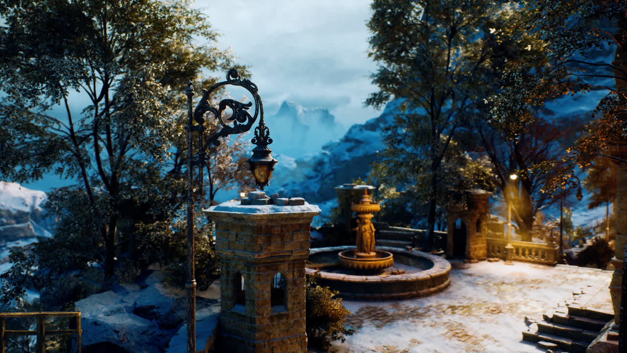 Scenic outdoor fountain surrounded by trees and mountains in twilight setting
