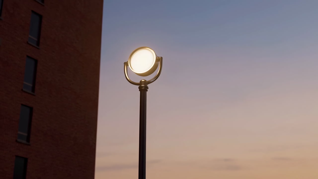 Bright Spotlight On Urban Pole, Glowing Against Brick Facade And Pastel Sky, Cinematic Evening Light Evoking