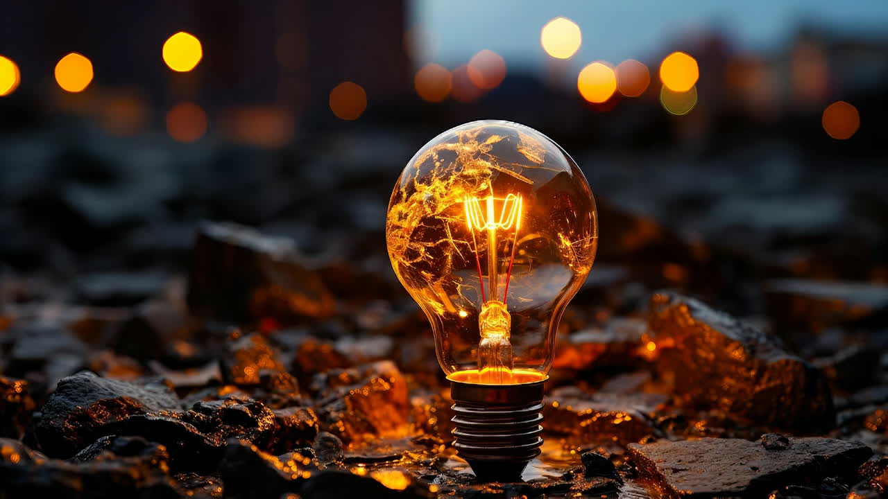 Lampadina poggiata su delle rocce in penombra. Una lampadina poggia su rocce scure mentre le luci della città brillano sullo sfondo durante la sera.