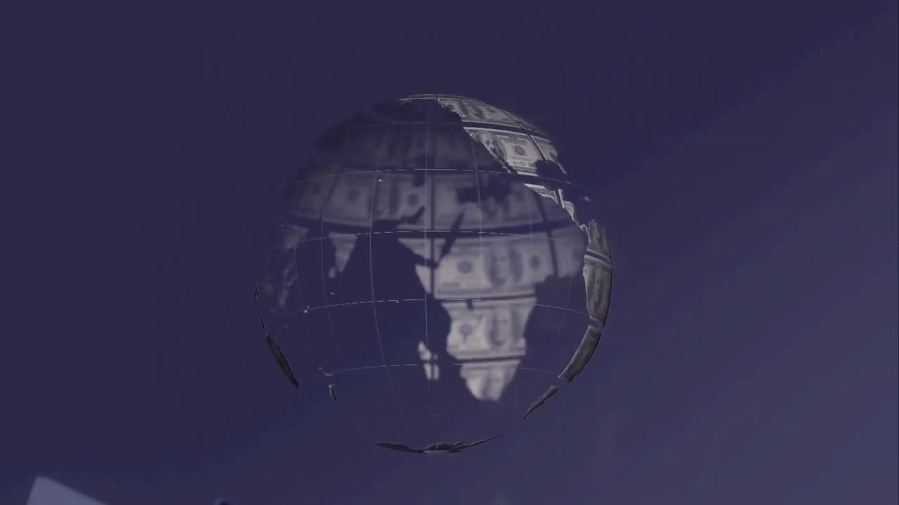 animación de un globo hecho de dólares sobre un fondo azul oscuro