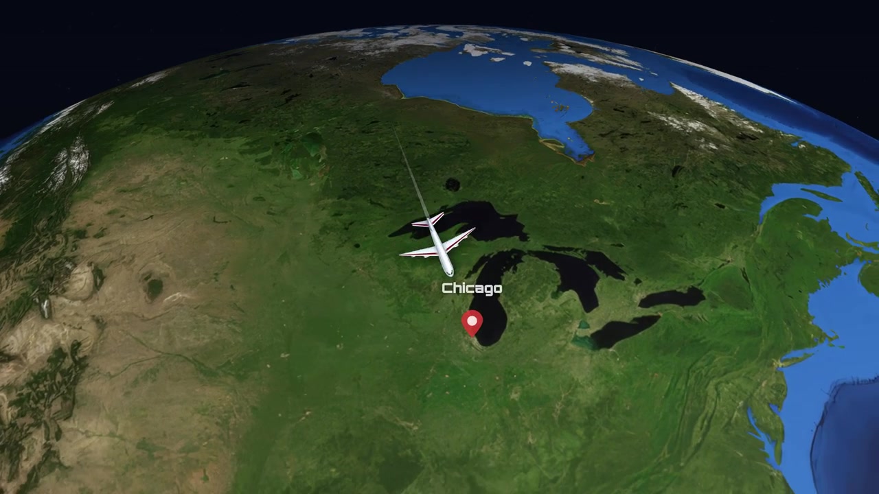 Satellite view animation follows a commercial airplane flying from Southeast Asia to North America