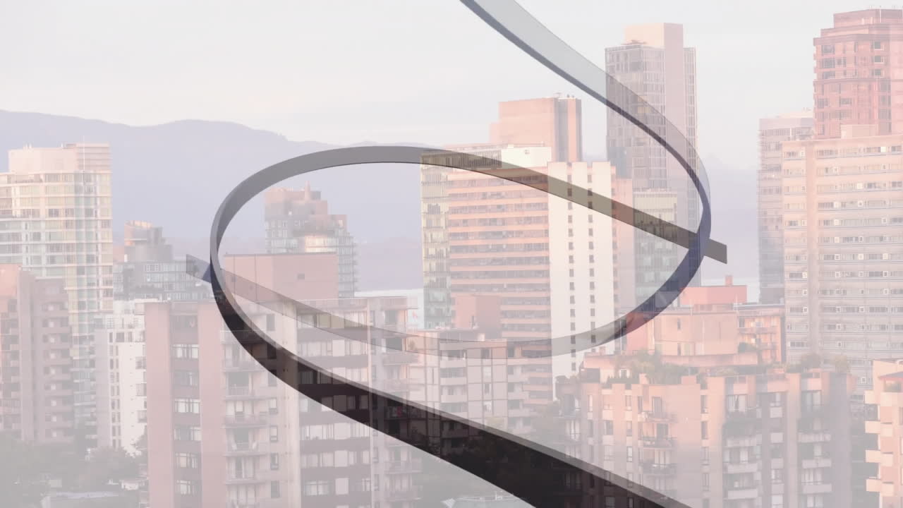 Curved lines animation over cityscape with buildings and mountains in background