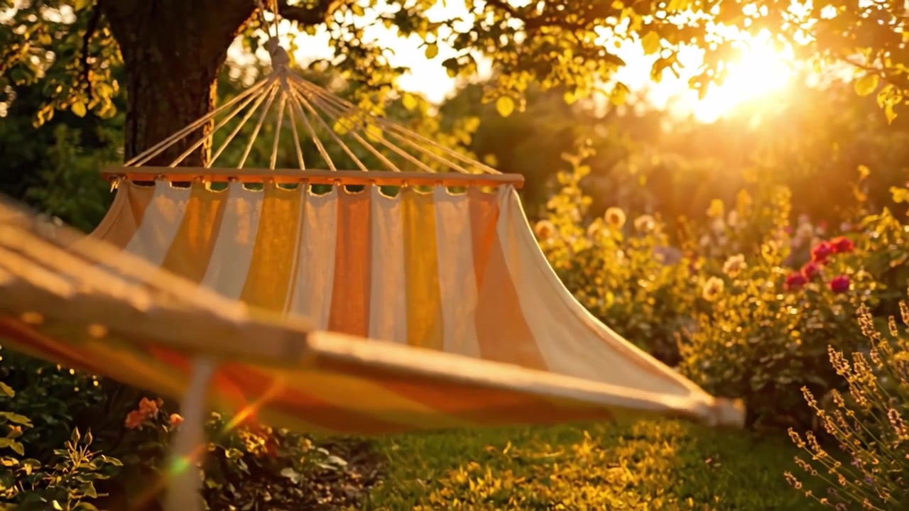 Una serata tranquilla in un giardino vivace con un'accogliente amaca sospesa, immersa nella luce dorata del tramonto