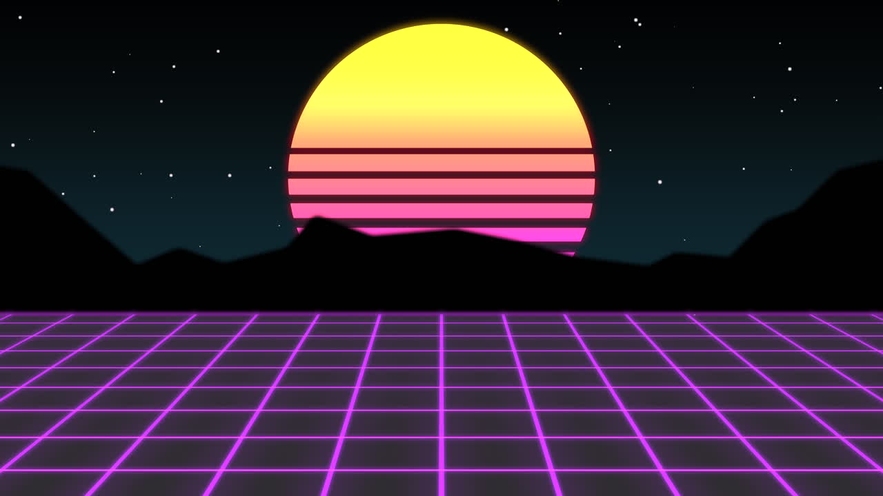 Big sun and mountain with purple grid in night time
