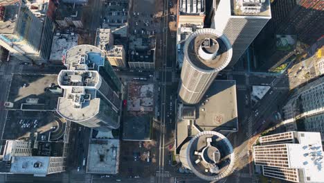 aerial directly above seattle streets and high-rise buildings in belltown neighborhood