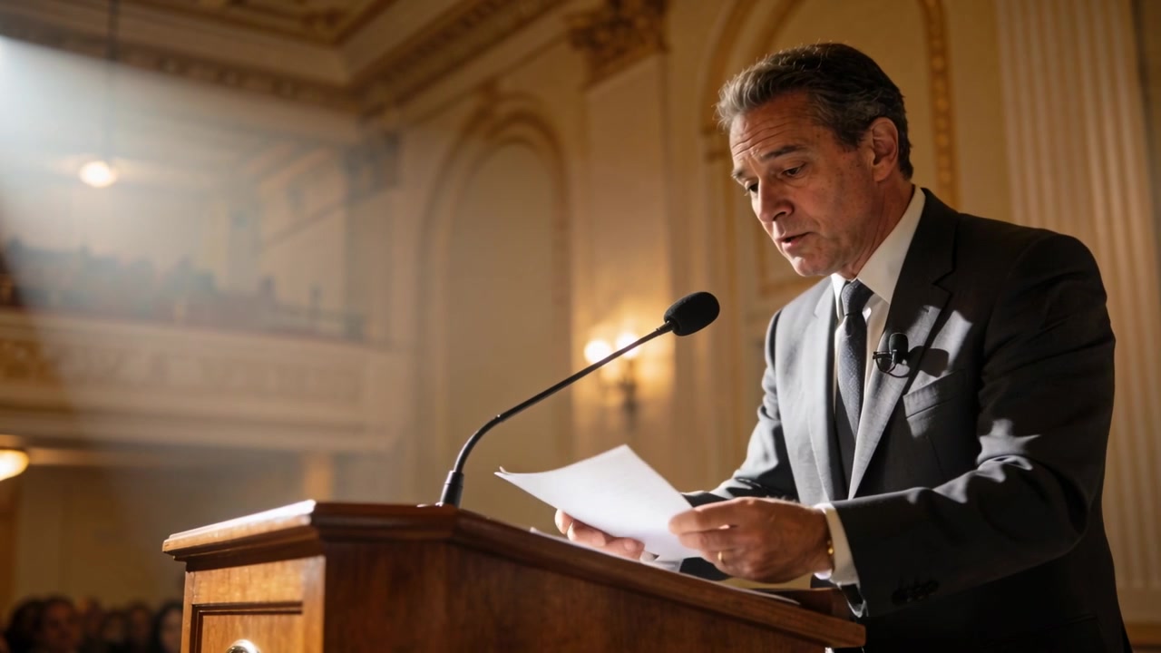 Reading notes, speaker in dark suit delivering speech at lectern, gesturing to balcony, copy space