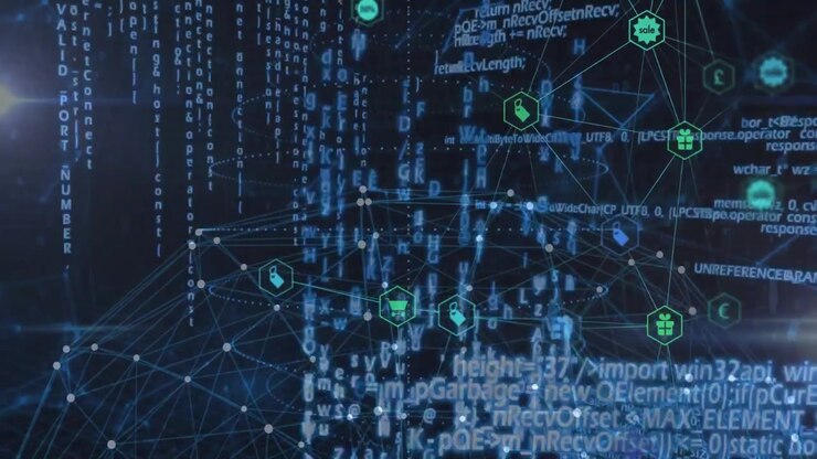 Темно-синяя сетка, показывающая плавающие буквенно-цифровые фрагменты кода, соединяющие зеленые шестиугольные иконки электронной коммерции.