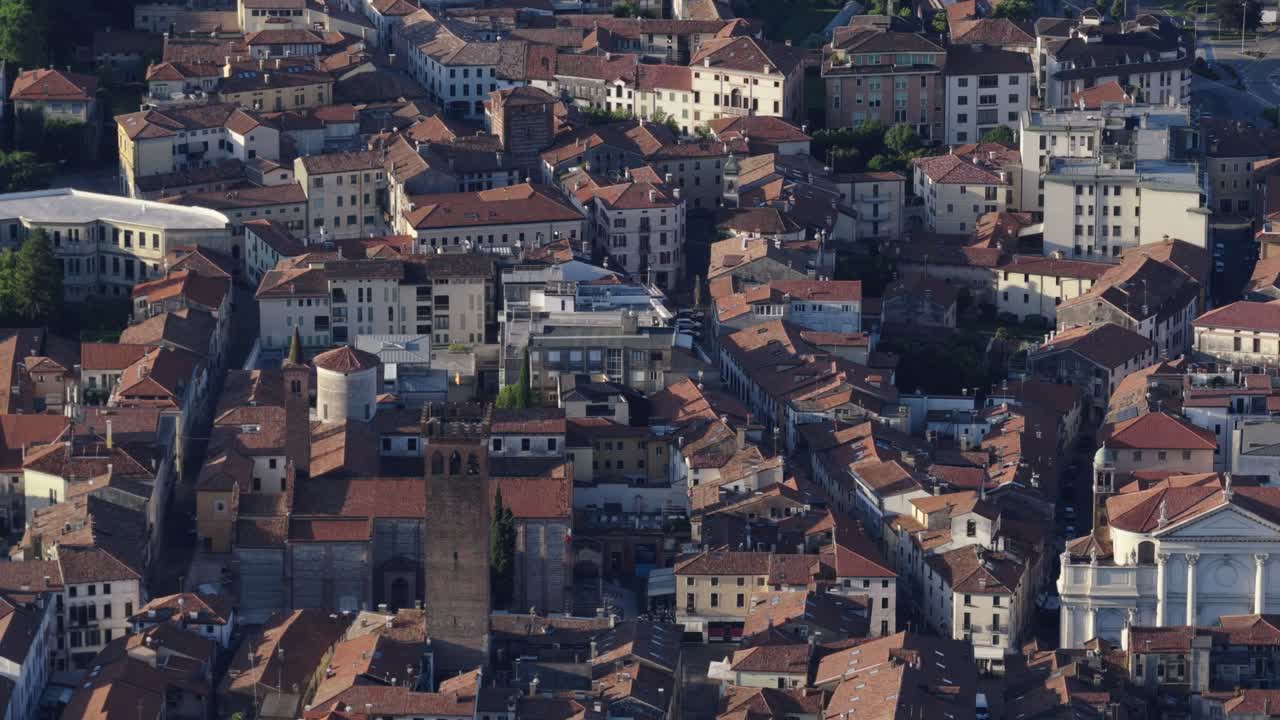 Aerial view of Bassano del Grappa's historic buildings in Italy