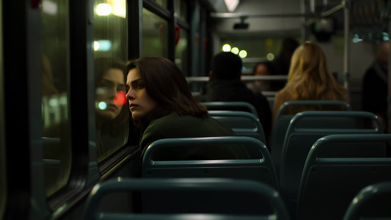 Thoughtful Woman Gazing Out Bus Window at City Lights