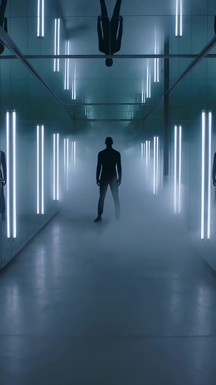Vertical video: Lighting man in suit stepping in mirror corridor with LED tubes and fog for reveal