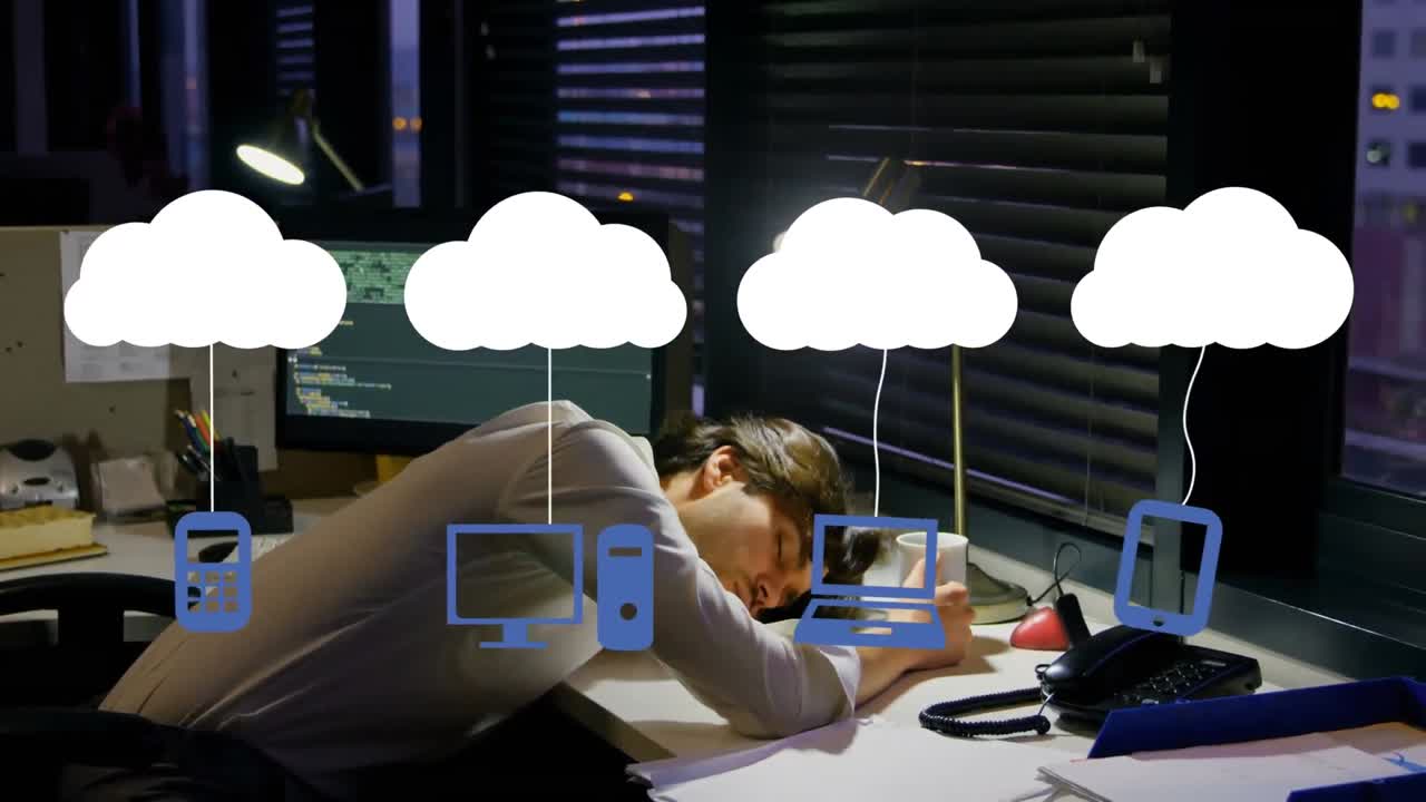 Animation of digital icons and clouds over businessman sleeping on desk in office