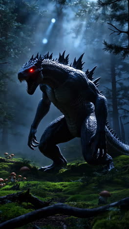 giant monster in a dark forest with glowing red eyes