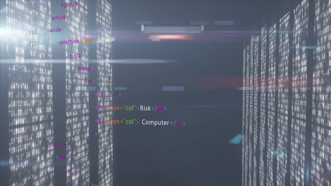 3D render featuring vertical panels streaming binary code, overlaid with HTML tags, lens flares