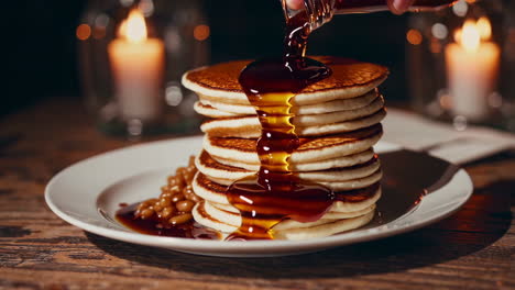 delicious stacked pancakes with maple syrup and beans