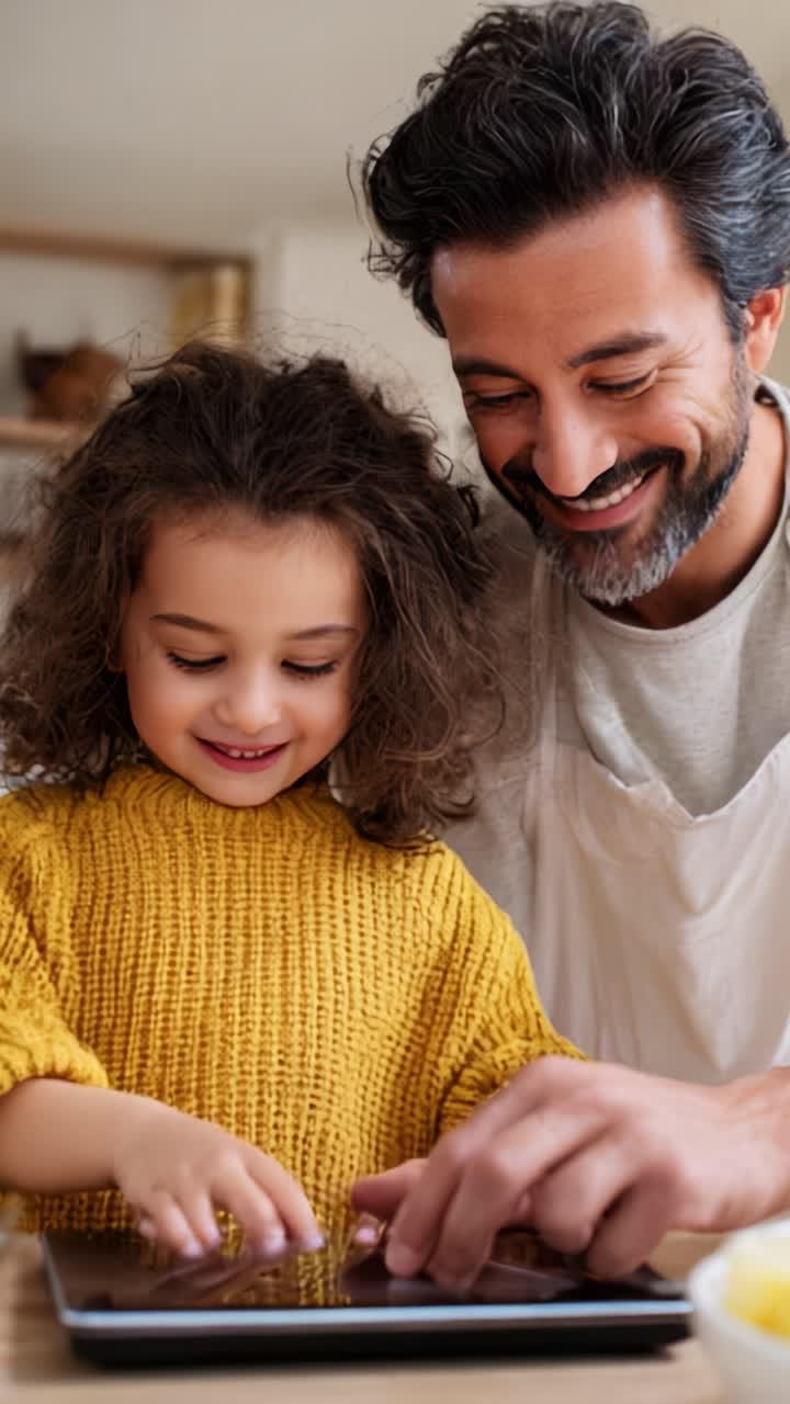 Un momento alegre de conexión entre un progenitor y su hijo mientras interactúan con una tableta, fomentando el aprendizaje y la creatividad a través de la tecnología.